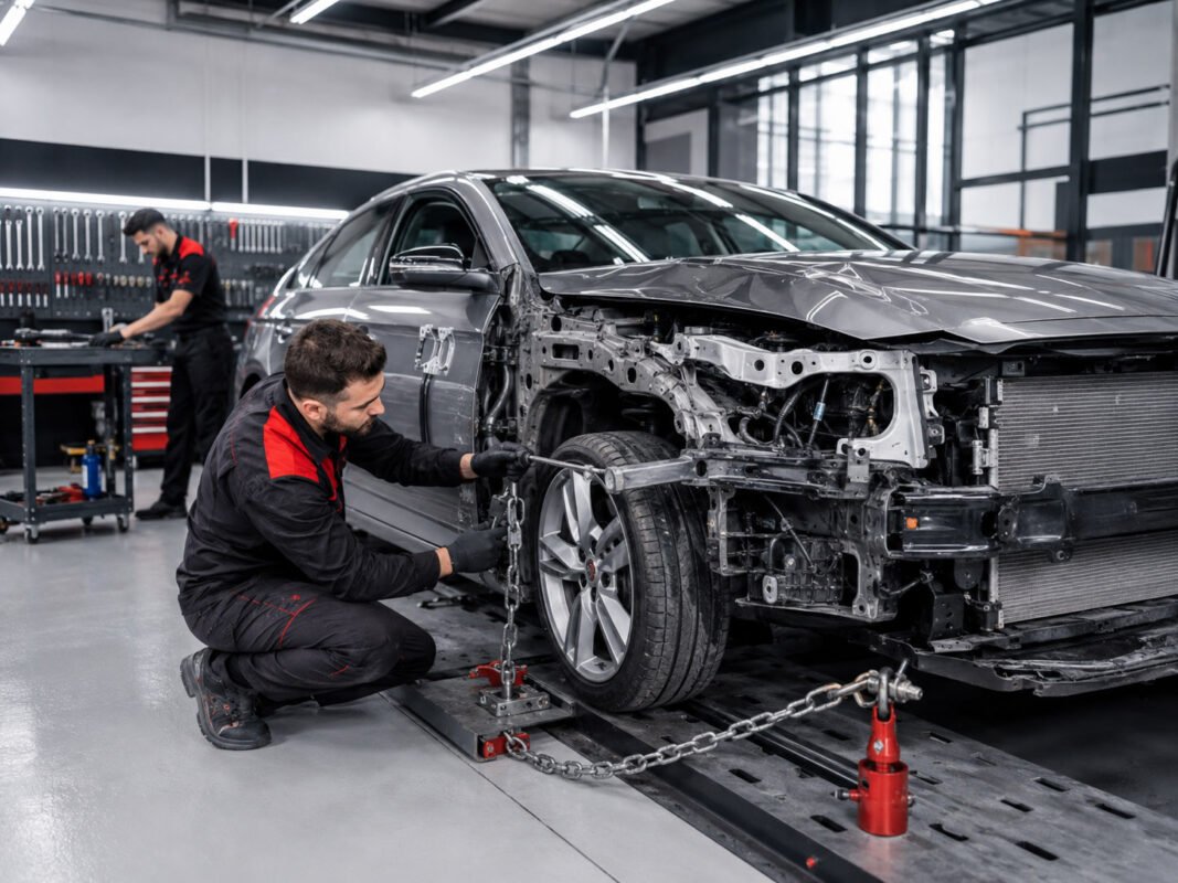Hasarlı sedan aracın şasi onarımı ve düzeltme işlemini yapan teknisyen