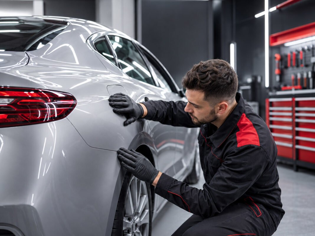 Oto detaylandırma ve boya kontrolü yapan teknisyen